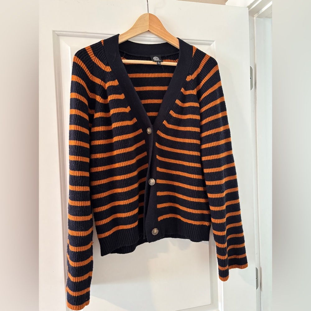Bobeau Navy and Orange Striped Sweater